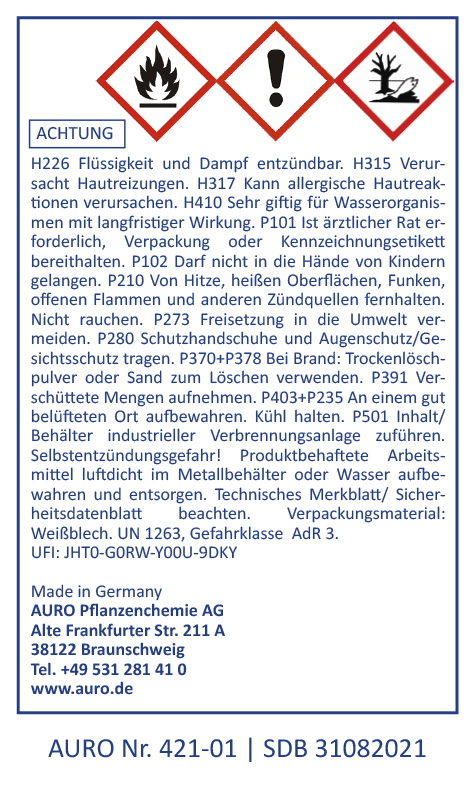 Warnhinweis mit den Gefahrensymbolen für Entzündlichkeit, Reizung und Umweltgefährdung. Enthält Sicherheitshinweise, Erste-Hilfe-Informationen, Firmenkontakt und die AURO-Artikelnummer 421-01.