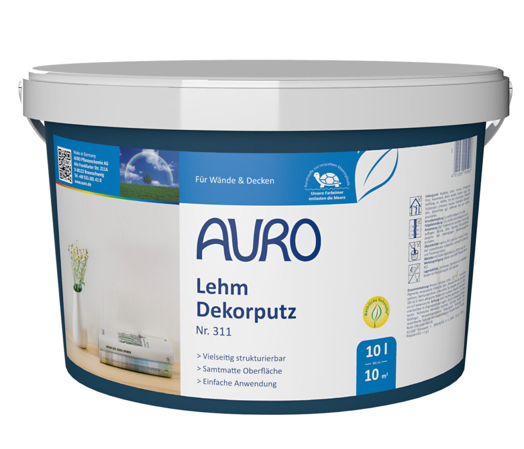 AURO Pflanzenchemie Lehm-Dekorputz ist ein natürlicher Lehmputz für Wände und Decken. Im 10-Liter-Gebinde in Weiß und Blau reicht er für bis zu 10 m². Umweltfreundlich und atmungsaktiv – perfekt für gesunde Wohnräume.
