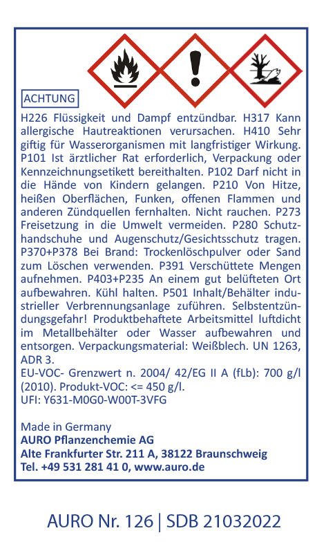 Deutsches Chemikaliensicherheitsetikett mit Warnsymbolen für Entzündlichkeit, Gesundheitsgefahr und Umweltgefährdung. Enthält Warnhinweise, Herstellerinformationen (AURO) und Sicherheitsanweisungen in deutscher Sprache.