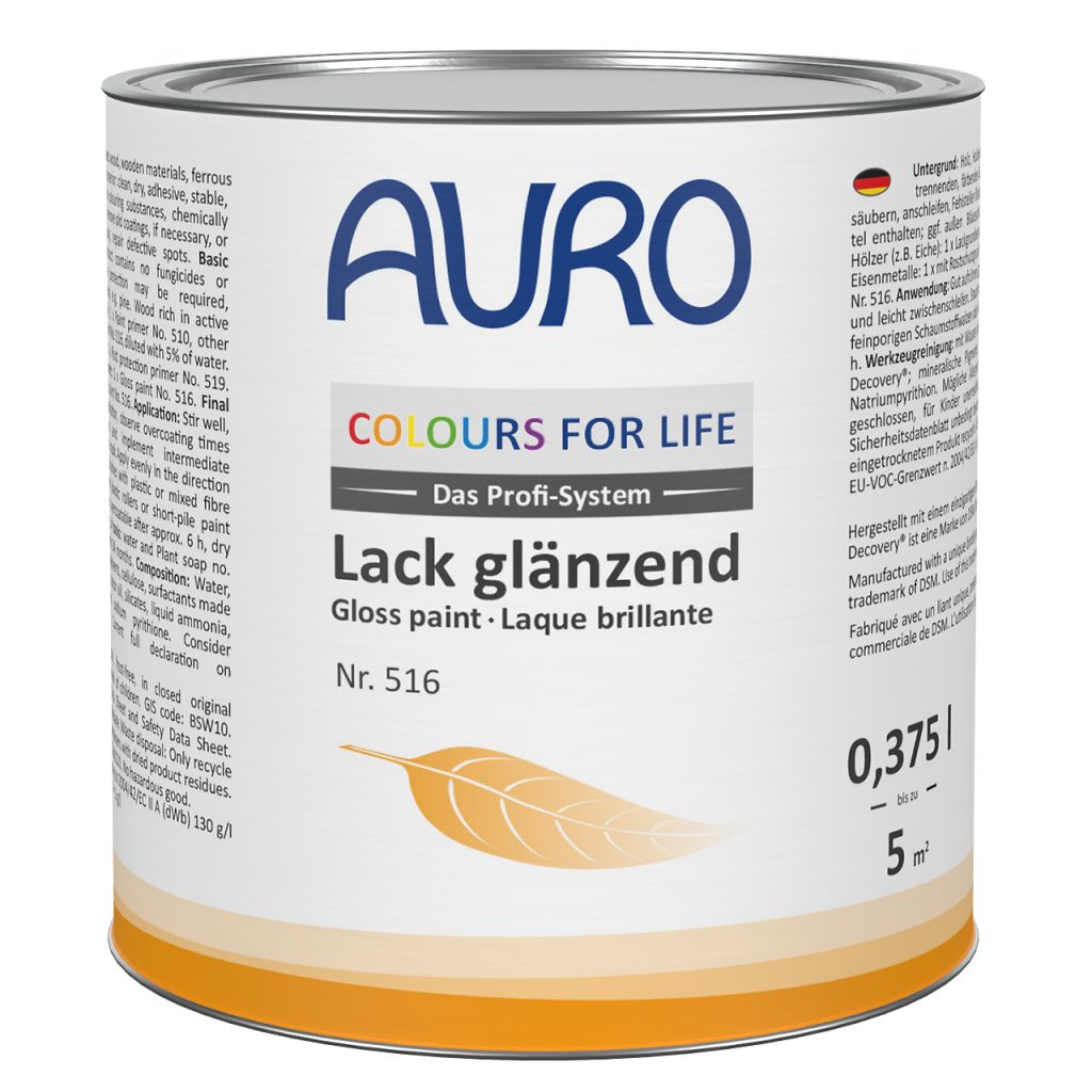AURO Pflanzenchemie COLOURS FOR LIFE Glanzlack, 0,375L Dose mit deutschem Etikett und Blattmotiv. Natürliche Inhaltsstoffe für strahlenden, umweltfreundlichen Schutz auf Holz- und Metalloberflächen.