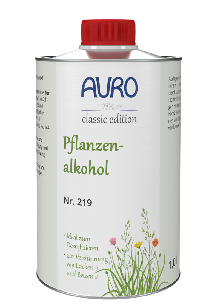 1 Liter AURO Pflanzenalkohol: Pflanzenalkohol im Metallkanister mit rotem Deckel und floralem Etikett. Ideal zum Desinfizieren, Verdünnen von Lacken oder Beizen. Natürlich, vielseitig und wirksam.