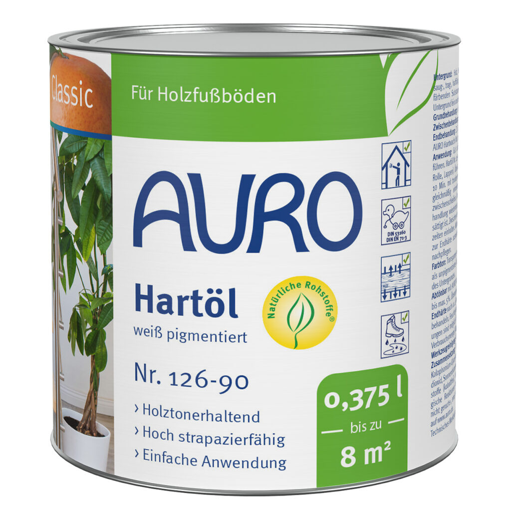 AURO Pflanzenchemie Hartöl, weiß pigmentiert (0,375 l), Naturöl für Holzböden. Reicht bis zu 8 m². Pflanzlicher, umweltfreundlicher Schutz mit dezentem Weiß. Hergestellt in Deutschland.