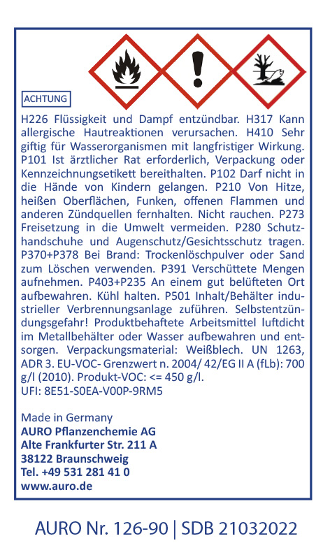 Ein Warnhinweis in deutscher Sprache mit Gefahrensymbolen weist darauf hin, dass das Produkt entzündbar ist, Hautallergien verursacht und für Wasserorganismen giftig ist, und enthält ausführliche Sicherheitshinweise und Kontaktinformationen des Unternehme