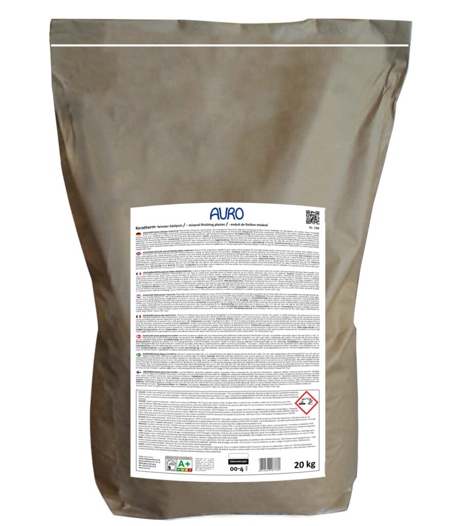 AURO Pflanzenchemie Keratherm (20 kg, mittel) ist ein natürlicher Dämmstoff. Geliefert in einem beigen Beutel mit mehrsprachiger Anleitung und Sicherheitssymbolen ist er ideal für umweltfreundliches Bauen.