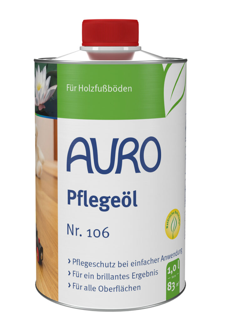 AURO Pflanzenchemie Pflegeöl: Schützen und pflegen Sie Ihre Holzböden mit diesem leicht anzuwendenden, natürlichen Öl. Mit grün-weißem Etikett, rotem Deckel und langanhaltender Pflege für schöne, geschützte Holzoberflächen.