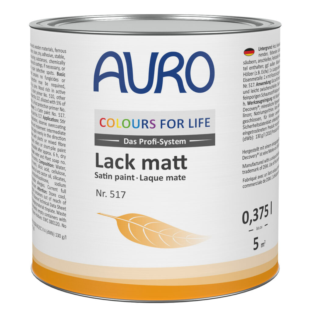 AURO COLOURS FOR LIFE Lack, matt (0,375 l) reicht für 5 m². Umweltfreundliches Blattgold-Design. Deutscher und französischer Text auf dem Etikett. Perfekt für ein natürlich mattes Finish Ihrer Oberflächen.