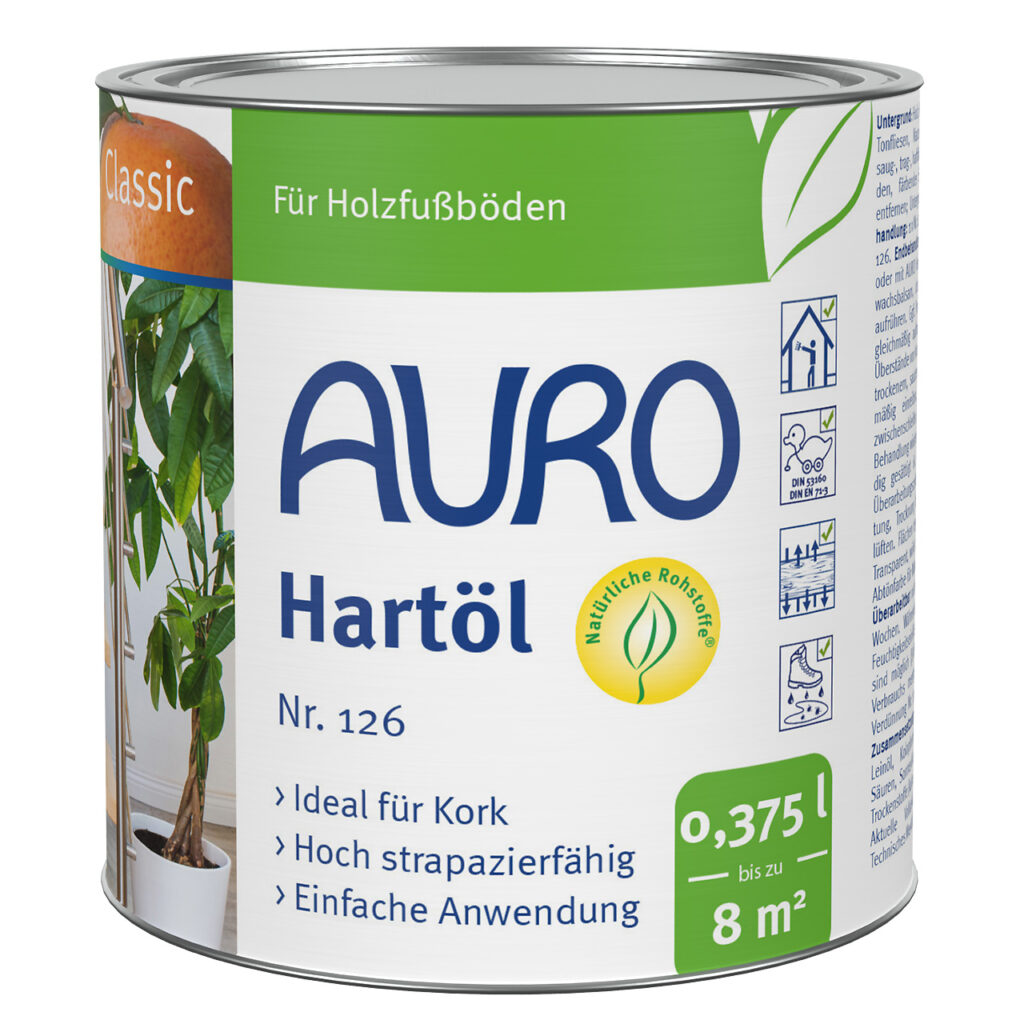 AURO Pflanzenchemie Hartöl 126, 0,375 l: Reicht bis zu 8 m². Hochbeständiges, leicht anzuwendendes Öl für Kork und Holz; natürliche Formel auf Pflanzenbasis. Umweltfreundliche Dose mit grünem Etikett und botanischen Motiven.