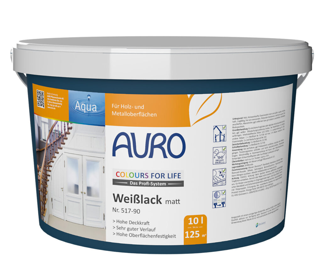 AURO Pflanzenchemie COLOURS FOR LIFE Weißlack, matt (10L), Blau & Weiß. Umweltfreundliche Farbe für Holz und Metall, reicht für bis zu 125m². Langlebiges, natürliches Finish – ideal für nachhaltige Projekte.