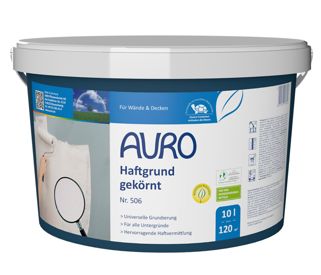 AURO Pflanzenchemie Haftgrund, gekörnt: Blau-weißer Eimer für Wände und Decken. Leicht zu rollen. Ideal als Grundierung für Wandfarben, sorgt für eine starke Haftung. Umweltfreundliche, deutsche Qualität.