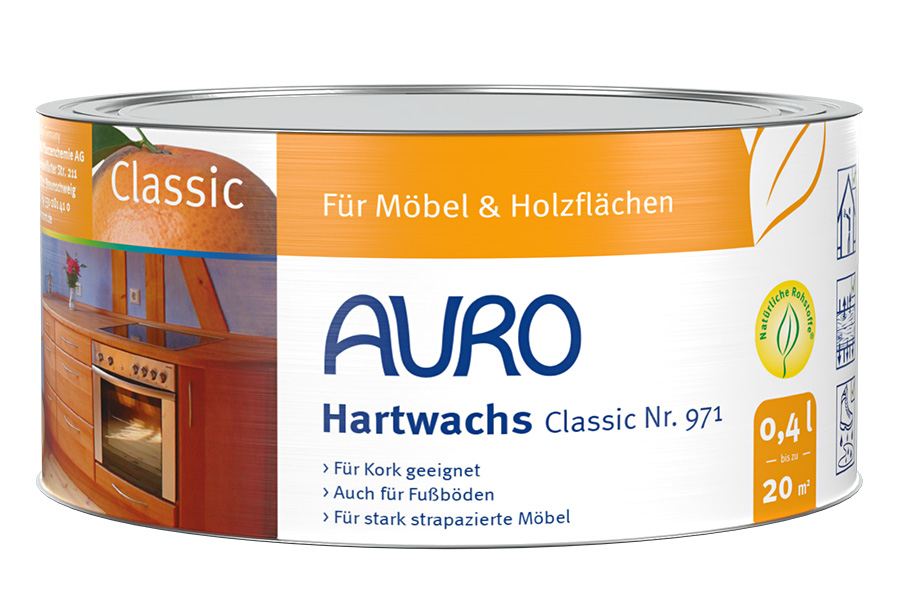 AURO Pflanzenchemie Hartwachs Classic (0,4 L) ist ein natürliches Holz- und Möbelwachs mit deutscher orange-weißer Kennzeichnung. Reicht bis zu 20 m² und schützt Oberflächen mit einem klassischen, umweltfreundlichen Finish.