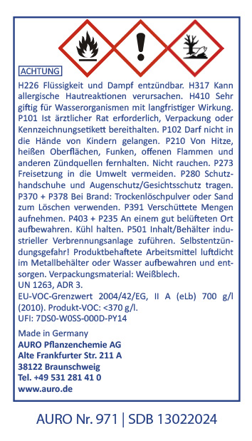 Warnhinweis mit Gefahrensymbolen, Sicherheitshinweisen und Firmenkontakt für AURO Produkt Nr. 971. Die Symbole weisen auf Entzündbarkeit, Gesundheitsgefahr und Umweltgefährdung hin. Der Text enthält Hinweise zur Handhabung und Sicherheit.