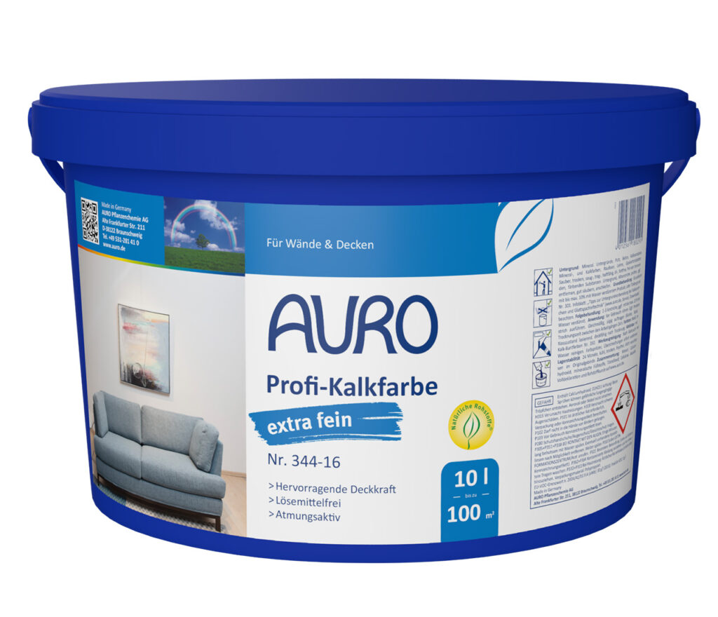 AURO Profi-Kalkfarbe, extra fein: Professionelle, natürliche Kalkfarbe im blauen 10-Liter-Eimer für Wände und Decken. Reicht bis zu 100 m². Mit Raumbildern auf dem Etikett. Ideal für wohngesunde, atmungsaktive Räume.