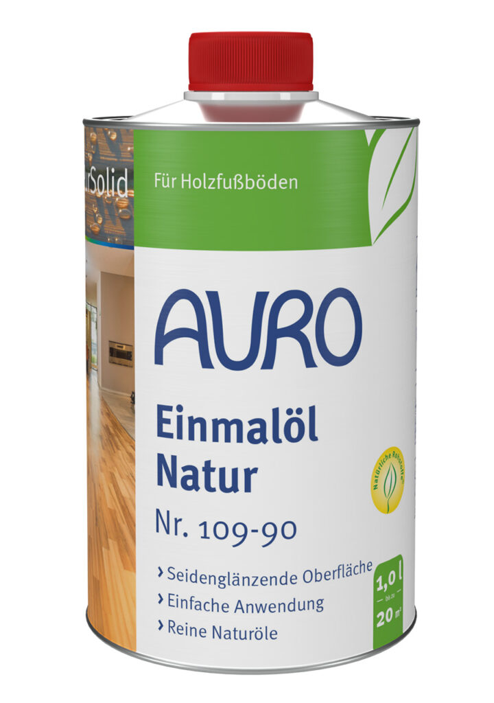 AURO Pflanzenchemie Einmalöl-Natur, 1-Liter-Dose mit rotem Deckel und grünem Etikett. Hergestellt aus natürlichen Inhaltsstoffen, pflegt und schützt es Holzböden für ein schönes, dauerhaftes Finish.