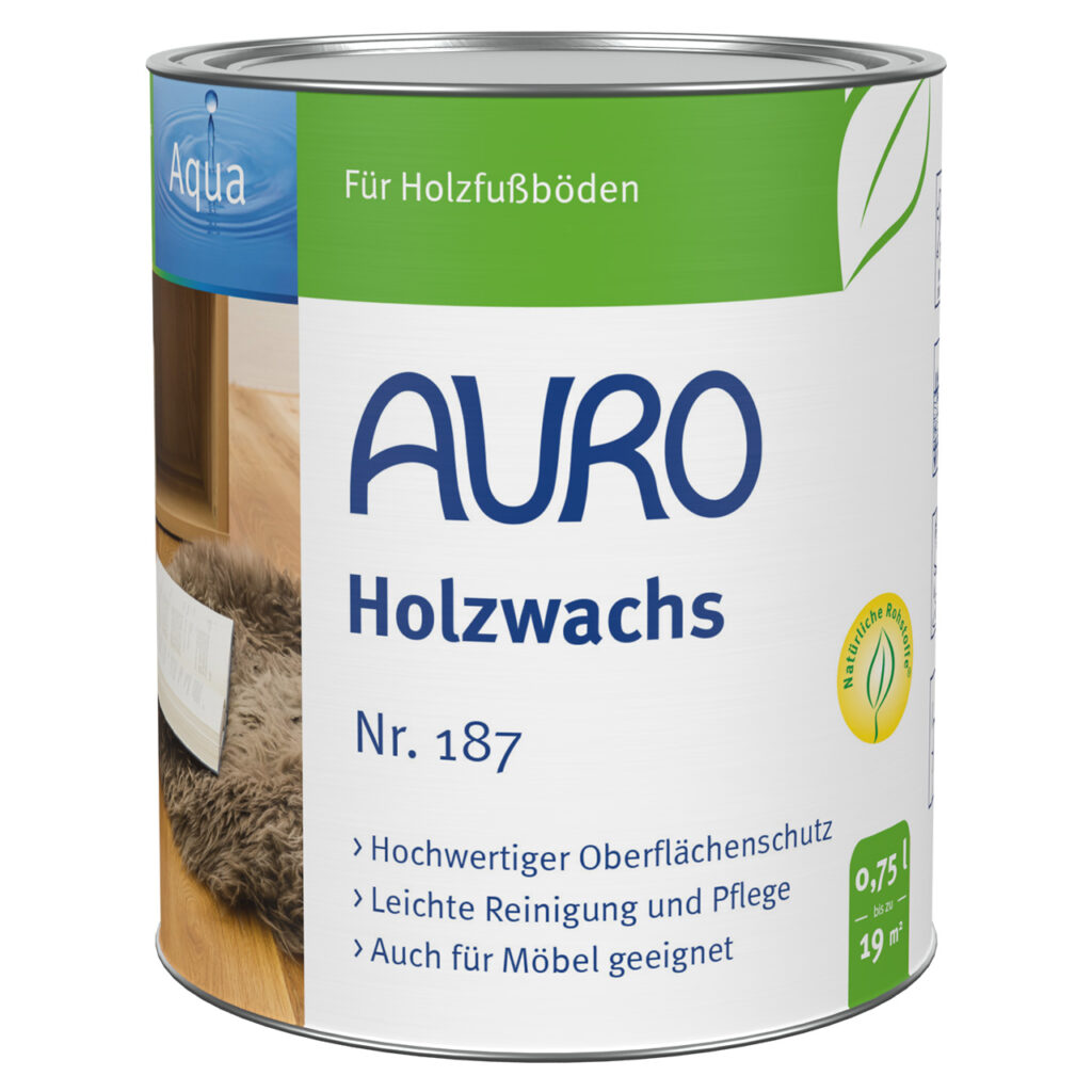 AURO Pflanzenchemie Holzwachs (0,75 l, 1,9 kg) ist ein umweltfreundliches Holzwachs auf pflanzlicher Basis für Böden. Das grün-weiße Etikett unterstreicht AUROs Engagement für Qualität und Nachhaltigkeit.