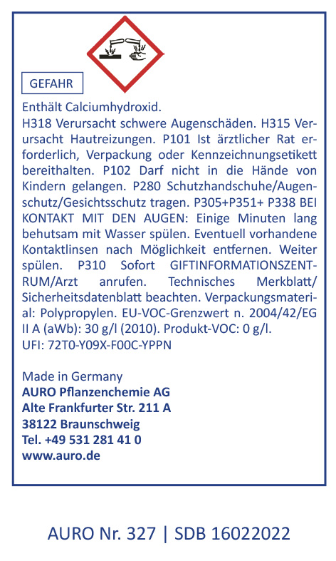 Ein Warnhinweis in deutscher Sprache für ein Produkt, das Calciumhydroxid enthält. Er zeigt ein rotes Gefahrensymbol und Sicherheitshinweise, Herstellerangaben und einen Strichcode am unteren Rand.