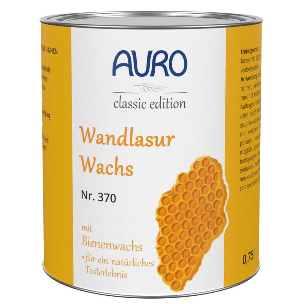AURO Pflanzenchemie Wandlasur-Wachs (0,75L) ist eine natürliche Holzlasur mit Bienenwachs in einer Metalldose mit Wabenmotiv und deutscher Beschriftung. Ideal für die umweltfreundliche Holzpflege.