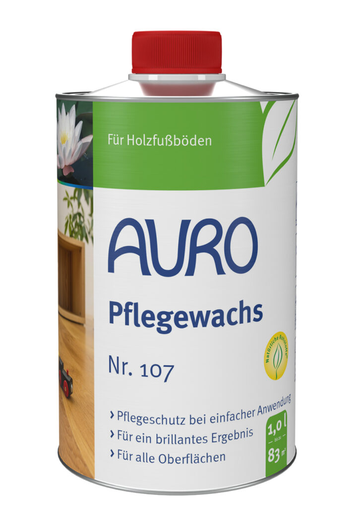AURO Pflanzenchemie Pflegewachs: Natürliche Holzbodenpflege in der Dose mit rotem Deckel. Mit Lotusblüte und Holzbodenmotiv. Pflegt, schützt und verschönert Oberflächen für dauerhafte Schönheit – sanfte, umweltfreundliche Formel.