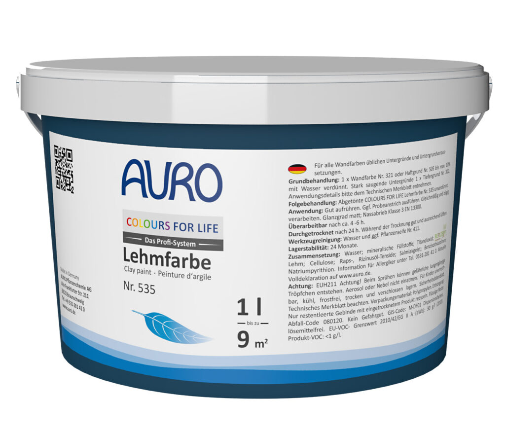 1L AURO Pflanzenchemie COLOURS FOR LIFE Profi-Lehmfarbe im weiß-blauen Gebinde. Umweltfreundliche Profi-Lehmfarbe mit deutscher Anleitung – ideal für atmungsaktive, natürliche Wandanstriche.