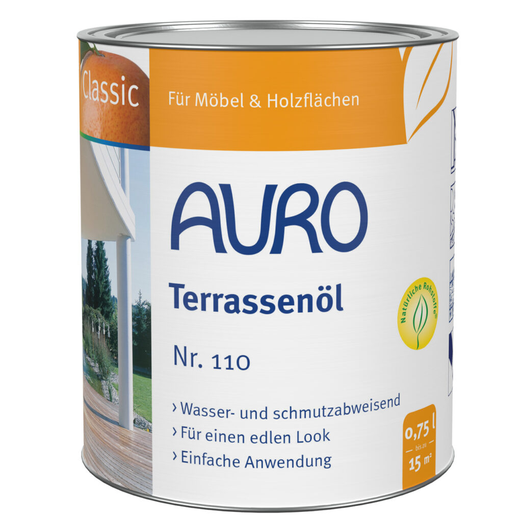 Schützen und verschönern Sie Holzoberflächen mit AURO Terrassenöl. Das pflanzliche Öl ist wasser- und schmutzabweisend, lässt sich leicht auftragen und reicht für bis zu 15 m² pro 0,75-l-Dose – ideal für Möbel und Außenbereiche.