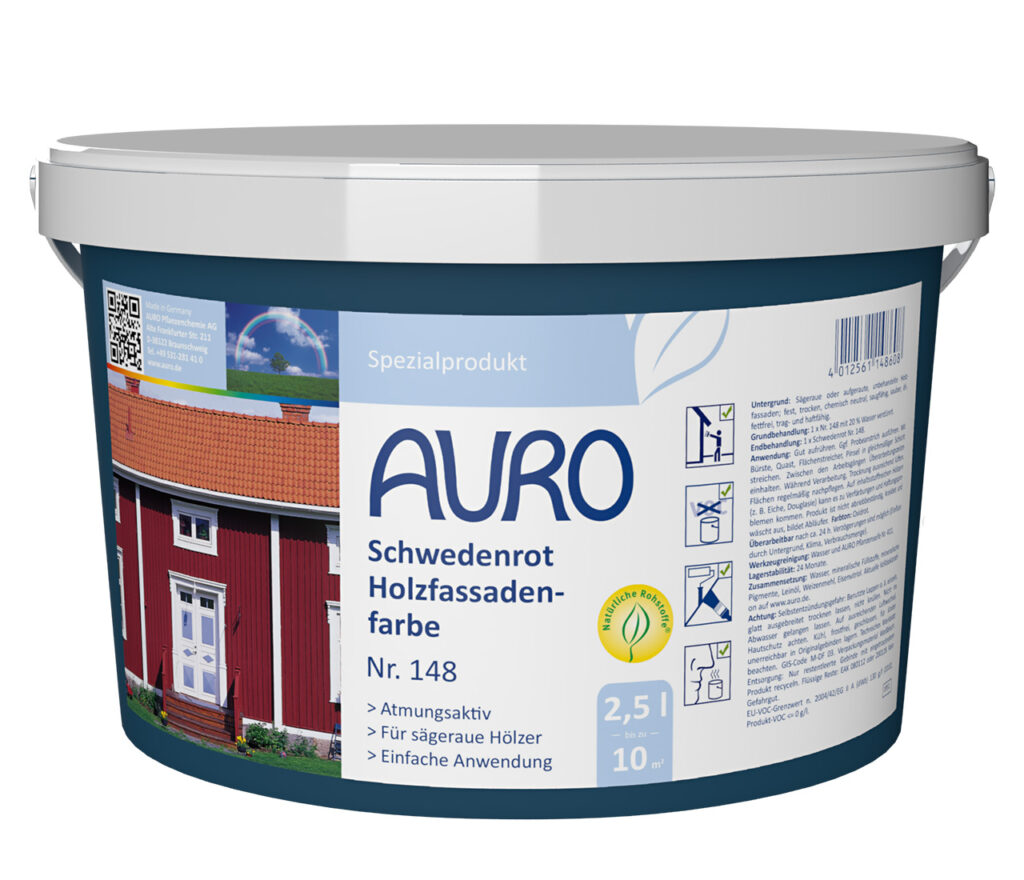 AURO Pflanzenchemie Schwedenrot Holzfassadenfarbe, 2,5 l: Leuchtend rote, umweltfreundliche Außenfarbe für Holzfassaden. Einfache Anwendung mit langanhaltendem Schutz. Inklusive Pflegetipps und empfohlenen Spezialprodukten.