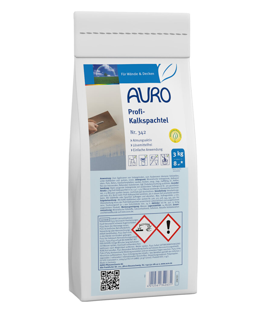AURO Profi-Kalkspachtel 3 kg: Weißer Kalkspachtel für Wände und Decken. Leicht zu verarbeiten, mit Sicherheitssymbolen und Anwendungshinweisen auf dem blauen Etikett. Ideal für glatte, wohngesunde Oberflächen im Kalksortiment.