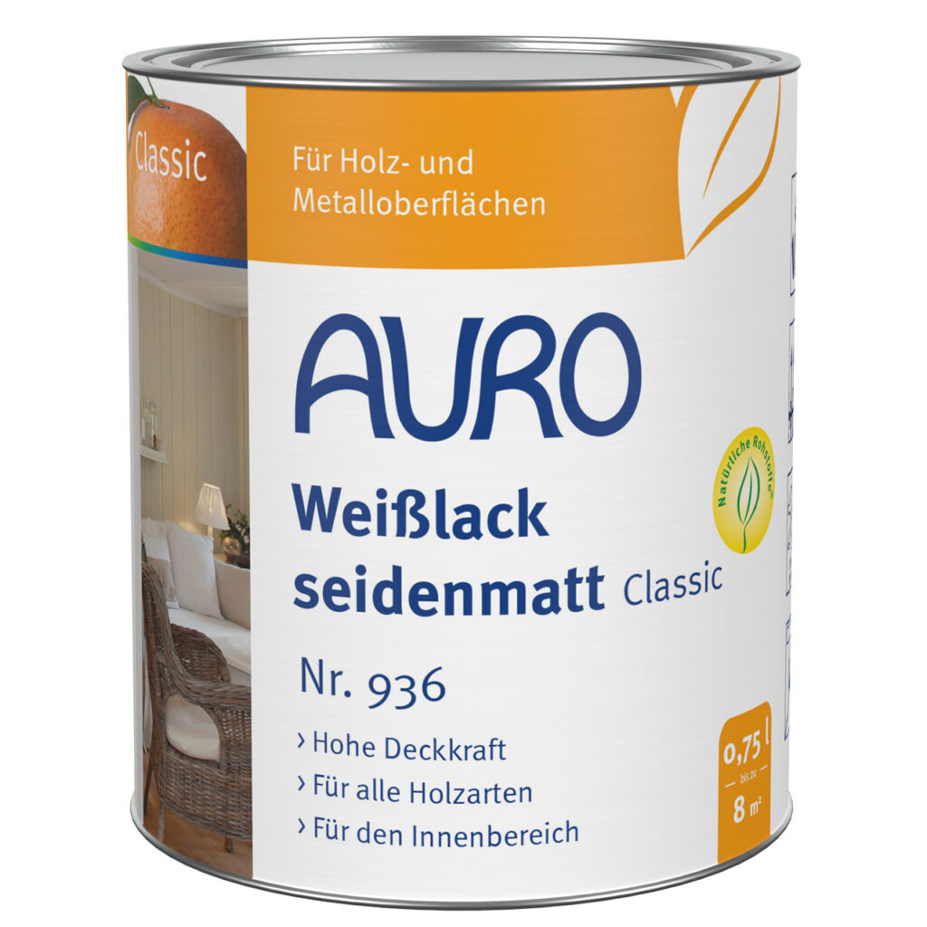AURO Pflanzenchemie Weißlack, seidenmatt (0,75 l): Weißer, halbmatter Lack für Holz und Metall. Hohe Deckkraft, natürliche Inhaltsstoffe – perfekt für den Innenbereich für ein glattes, umweltfreundliches Finish.