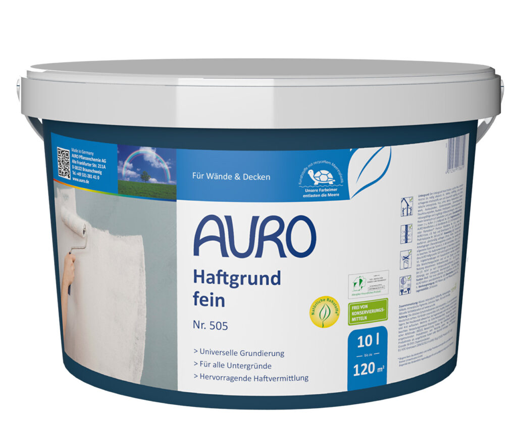 10 l AURO Pflanzenchemie Haftgrund, fein, im weißen Eimer mit grauem Deckel. Mit Etikett, das Handrollfarbe zeigt. Reicht bis zu 120 m² – ideal für die ökologisch hochwertige Oberflächenvorbereitung.