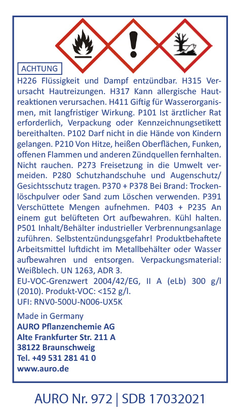 Ein Warnhinweis mit Gefahrensymbolen und ausführlichen Sicherheitshinweisen in deutscher Sprache zum Umgang mit einem chemischen Produkt der AURO Pflanzenchemie AG, einschließlich Notfall- und Umweltschutzmaßnahmen.