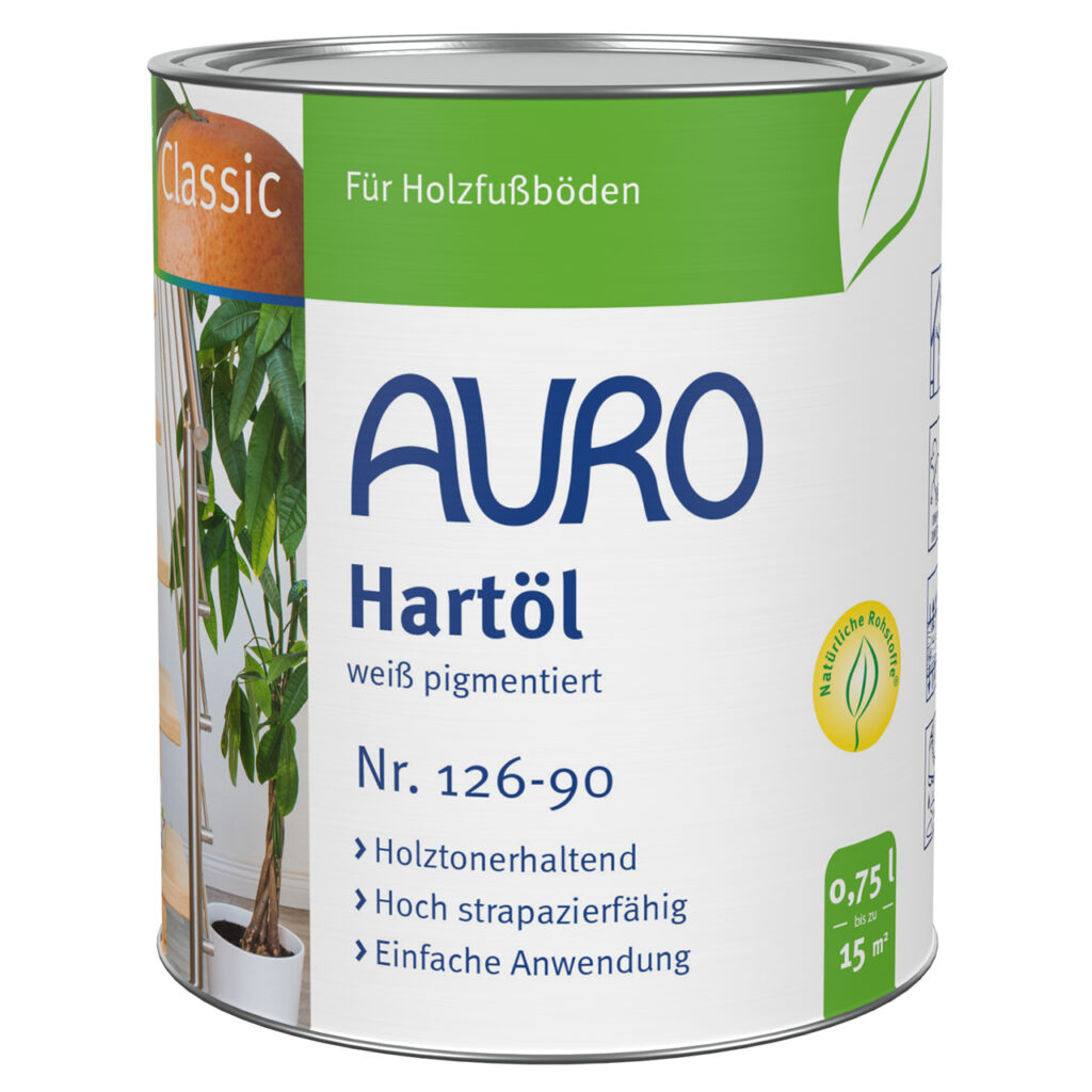 AURO Pflanzenchemie Hartöl, weiß pigmentiert (0,75 l), reicht für bis zu 15 m². Natürliches Pflanzenöl für Holzböden, mit weißem Pigment. Umweltfreundliches, grün-weißes Etikett mit Pflanzenmotiv; deutscher Text.