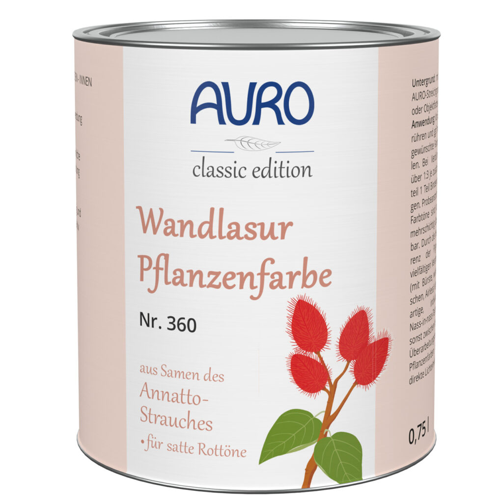 AURO Pflanzenchemie Wandlasur-Pflanzenfarbe, 0,75 l – pflanzliche Wandlasur mit Annatto-Akzenten. Genießen Sie einen satten Rotton aus natürlichen Inhaltsstoffen für lebendige, umweltfreundliche Innenräume.