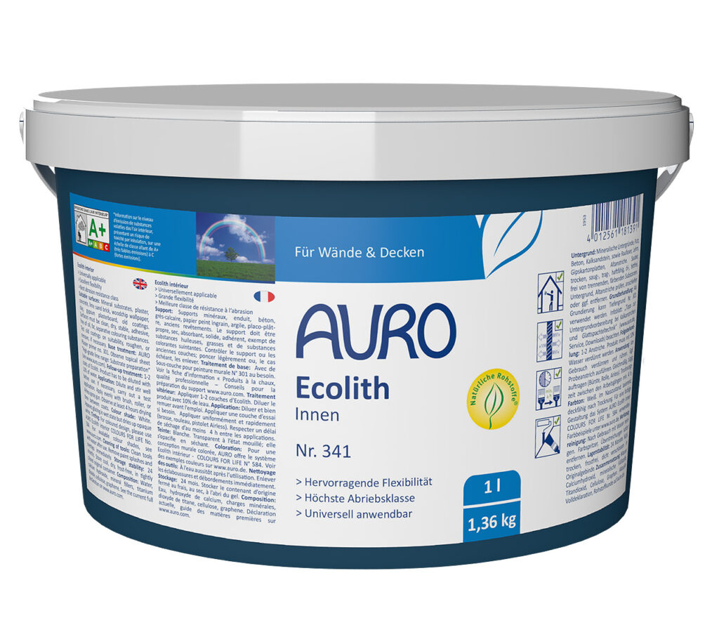 AURO Pflanzenchemie Ecolith Innen 1L/1,36kg: Naturweiß-blaue Wand-/Deckenfarbe aus dem Kalksortiment Wandfarben. Mehrsprachige Funktionen. Ideal für wohngesunde, umweltfreundliche Innenräume.