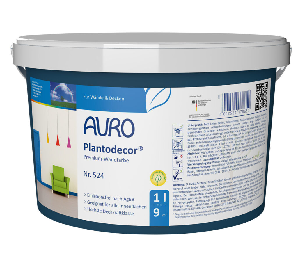AURO Pflanzenchemie Plantodecor Premium-Wandfarbe im weißen Kunststoffeimer mit leuchtenden blauen, grünen und weißen Grafiken für ein stilvolles Raumbild – ideal für umweltfreundliche und hochwertige Wandgestaltungen.