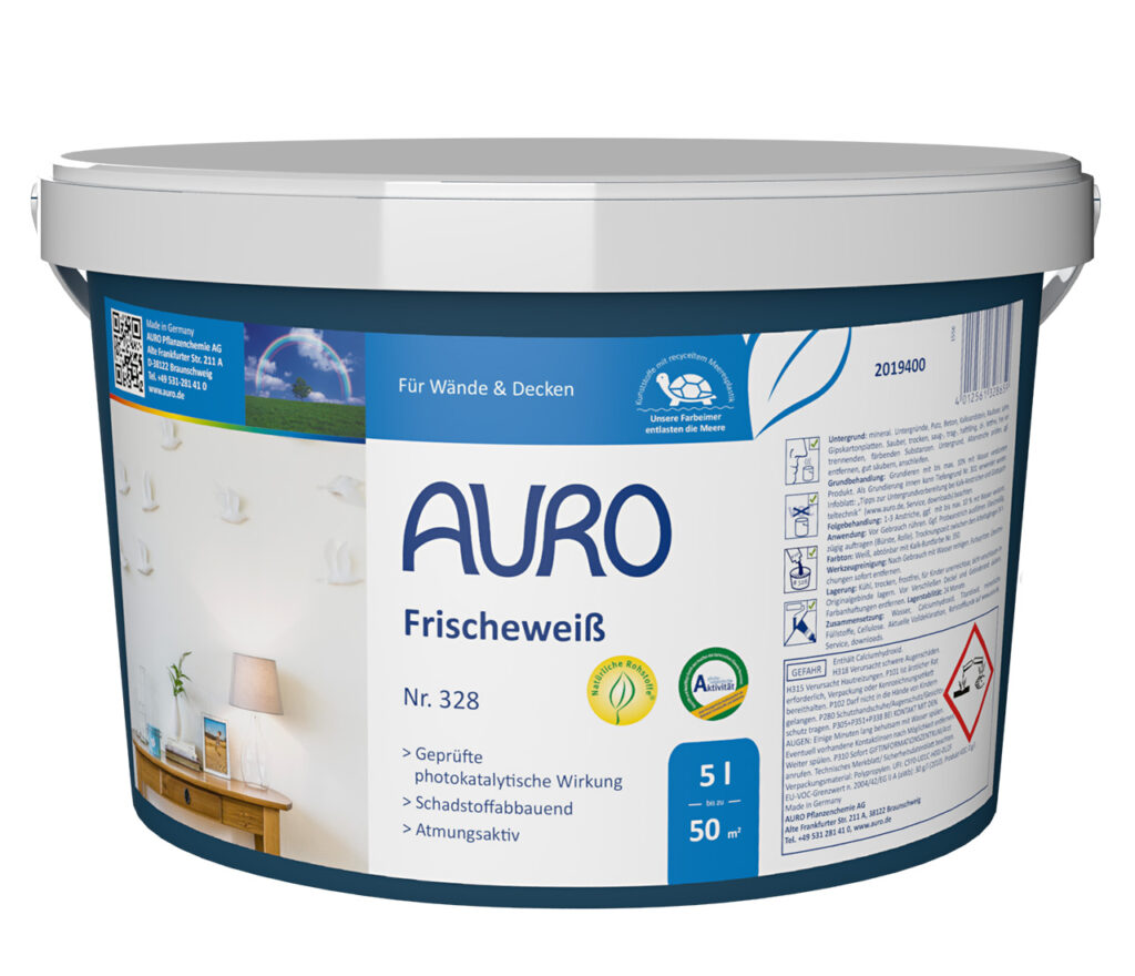 AURO Pflanzenchemie Frischeweiß 5L – frisches, umweltfreundliches Weiß für Innenräume. Reicht bis zu 50 m²; sauberes Ergebnis mit natürlichen Inhaltsstoffen. Ideal für ein wohngesundes und stilvolles Wohnen.