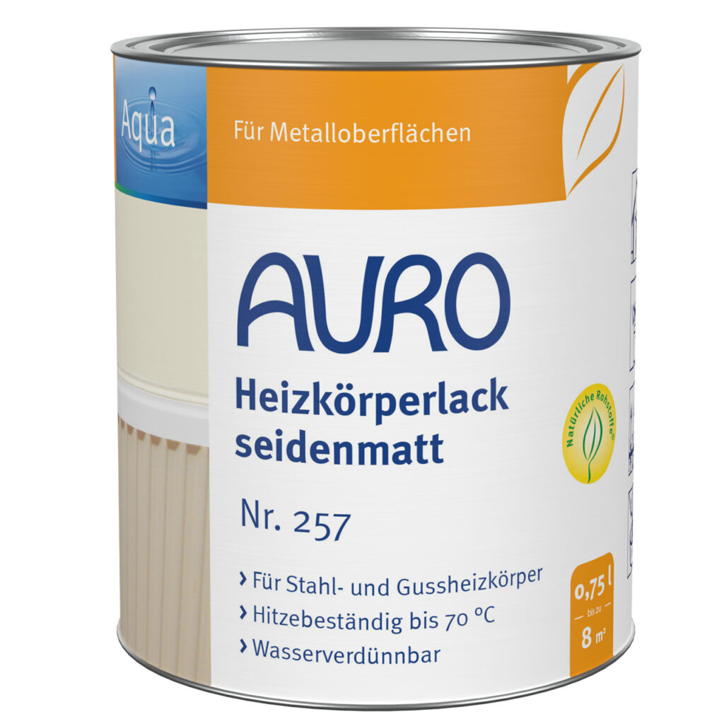 AURO Pflanzenchemie Heizkörperlack, seidenmatt weiß: 0,75L halbmatter, wasserverdünnbarer Heizkörperlack für Metalloberflächen. Hitzebeständig bis 70°C, deutsche Etiketten inklusive.