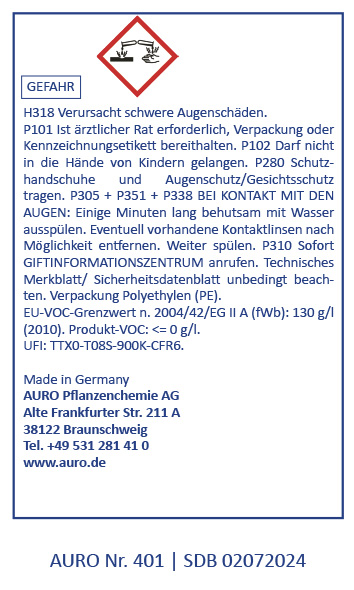 Ein deutsches Sicherheitsetikett für den AURO-Anlagenchemiereiniger warnt vor schweren Augenschäden, empfiehlt Schutzkleidung und listet Notfallmaßnahmen auf. Es enthält Gefahrensymbole, Kontaktdaten und Konformitätsinformationen.