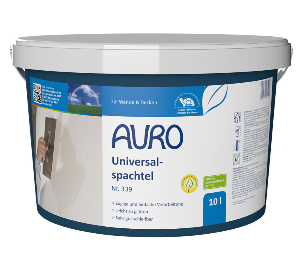 AURO Universalspachtel 10L: Umweltfreundlicher, weiß-blauer Eimer für Wand- und Deckenreparaturen. Glättet Oberflächen mit natürlichen Inhaltsstoffen. Bewährte Qualität, nachhaltige Wahl – einfach anzuwenden und umweltfreundlich.