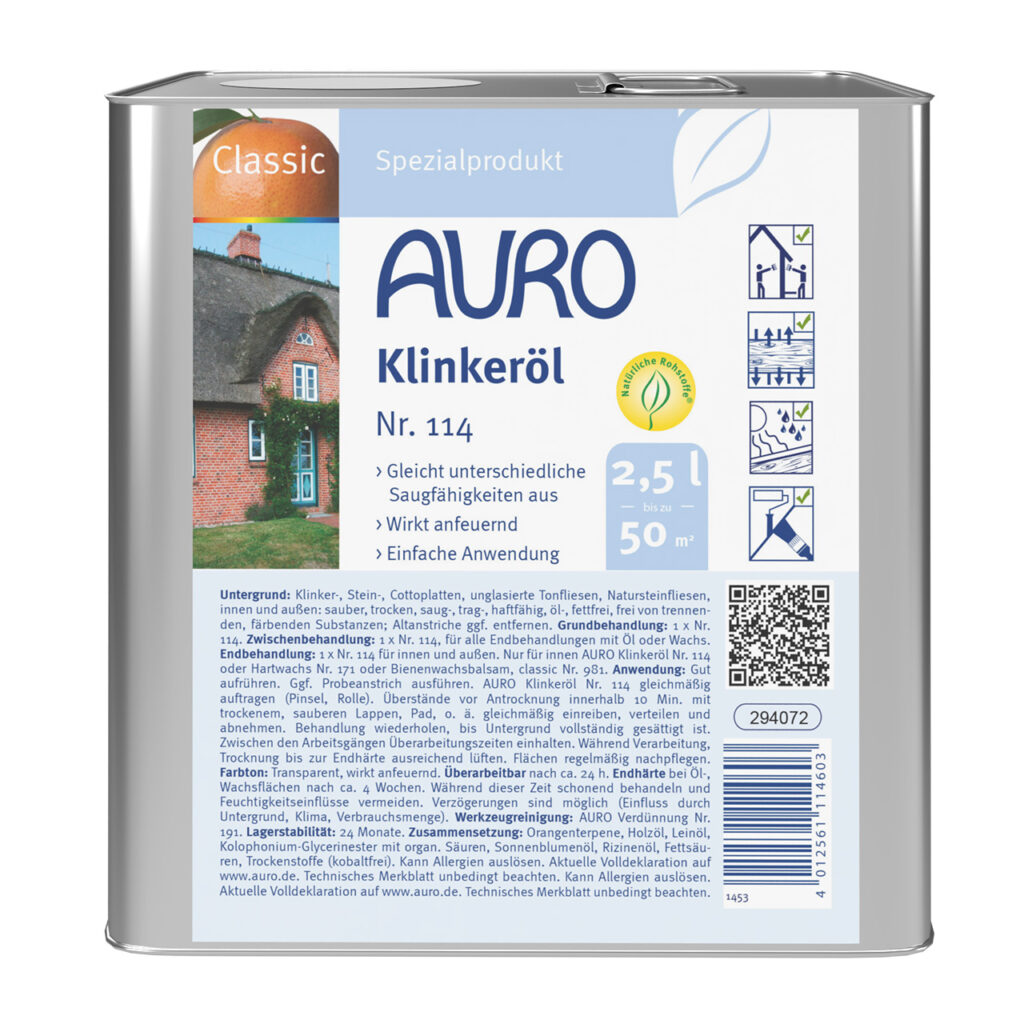 AURO Klinkeröl schützt und veredelt Ziegeloberflächen. Ideal für den Außenbereich, bietet es natürliche Pflege mit hoher Deckkraft. Einfache Anwendung (siehe Dose). Geeignet für Ziegel und Fliesen.