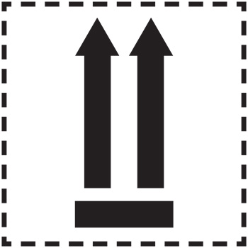 Ein schwarzes Symbol mit zwei vertikalen Pfeilen, die nach oben zeigen, über einem horizontalen Balken, umgeben von einem gestrichelten quadratischen Rahmen, das „Diese Seite nach oben“ als Ausrichtung für die Verpackung angibt.