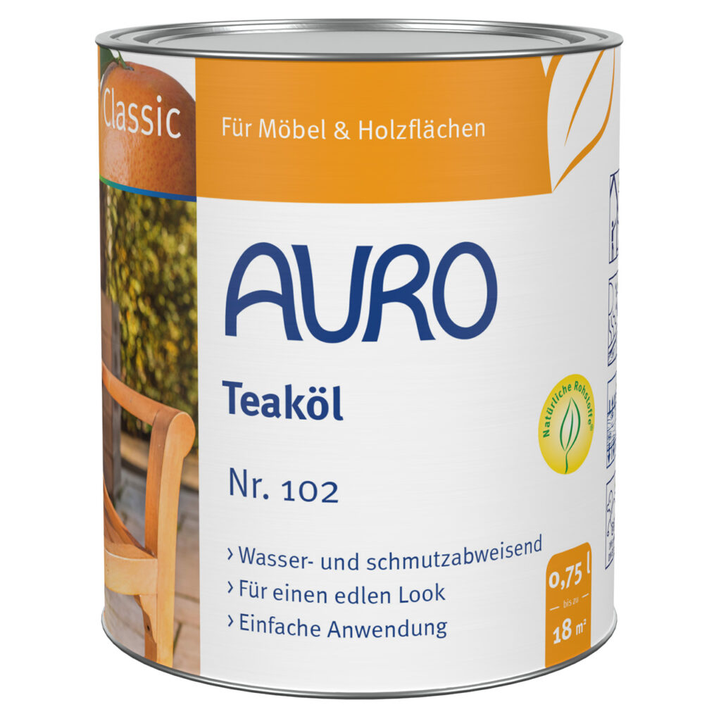 AURO Pflanzenchemie Gartenmöbelöl (0,75 l) reicht für 18 m², ist wasser- und schmutzabweisend und einfach anzuwenden. Ideal für Möbel und Holzoberflächen. Im orange-blauen Design.