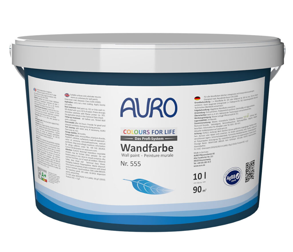 AURO Colours for Life Premium Wand- und Deckenfarbe – 10-Liter-Eimer. Umweltfreundliche, hochdeckende, matte Weißfarbe mit mehrsprachiger Beschriftung und charakteristischem Blattdesign. Ideal für gesunde, lebendige Innenräume.