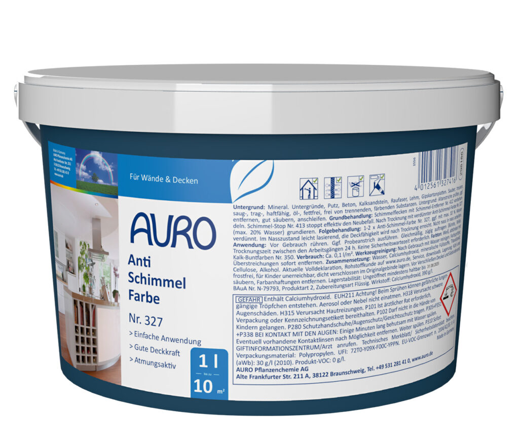 AURO Pflanzenchemie Anti-Schimmel-Farbe (1L) ist eine natürliche, zertifizierte Wand- und Deckenfarbe zur Schimmelvorbeugung. Reicht für 10 m². Umweltfreundlicher, atmungsaktiver Schutz für gesunde Innenräume.
