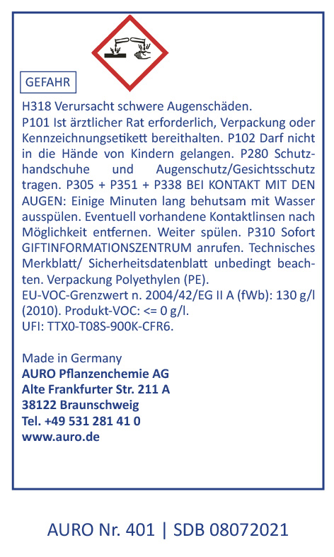 Ein deutsches Sicherheitsetikett für den AURO-Anlagenchemiereiniger warnt vor schweren Augenschäden, empfiehlt Schutzkleidung und listet Notfallmaßnahmen auf. Es enthält Gefahrensymbole, Kontaktdaten und Konformitätsinformationen.