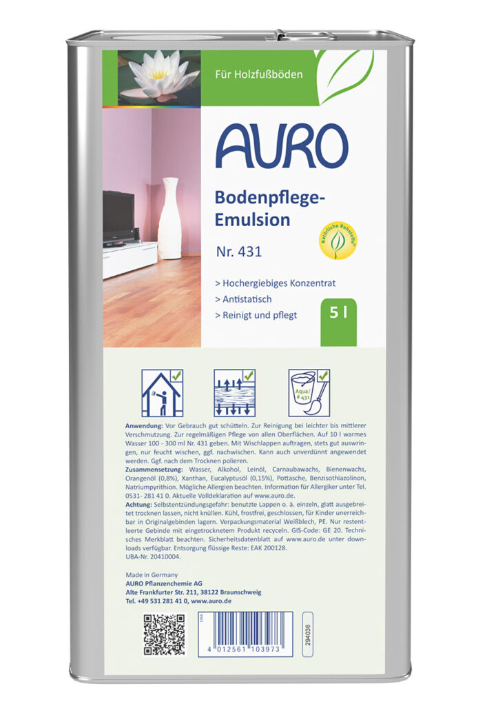 AURO Pflanzenchemie Bodenpflege-Emulsion: 5-Liter-Kanister in Silber für Holzböden. Mit Lotusmotiv, Produktdetails und deutscher Reinigungsanleitung auf dem Frontetikett. Pflegt und schützt Ihre Böden auf natürliche Weise.