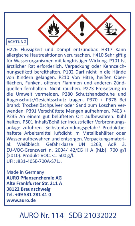 Ein deutschsprachiges Warnschild für Chemikalien mit Gefahrensymbolen und Sicherheitshinweisen. Es enthält Warnhinweise, Handhabungsinformationen, Gefahrenpiktogramme, Produktdetails und die Kontaktinformationen des Herstellers.