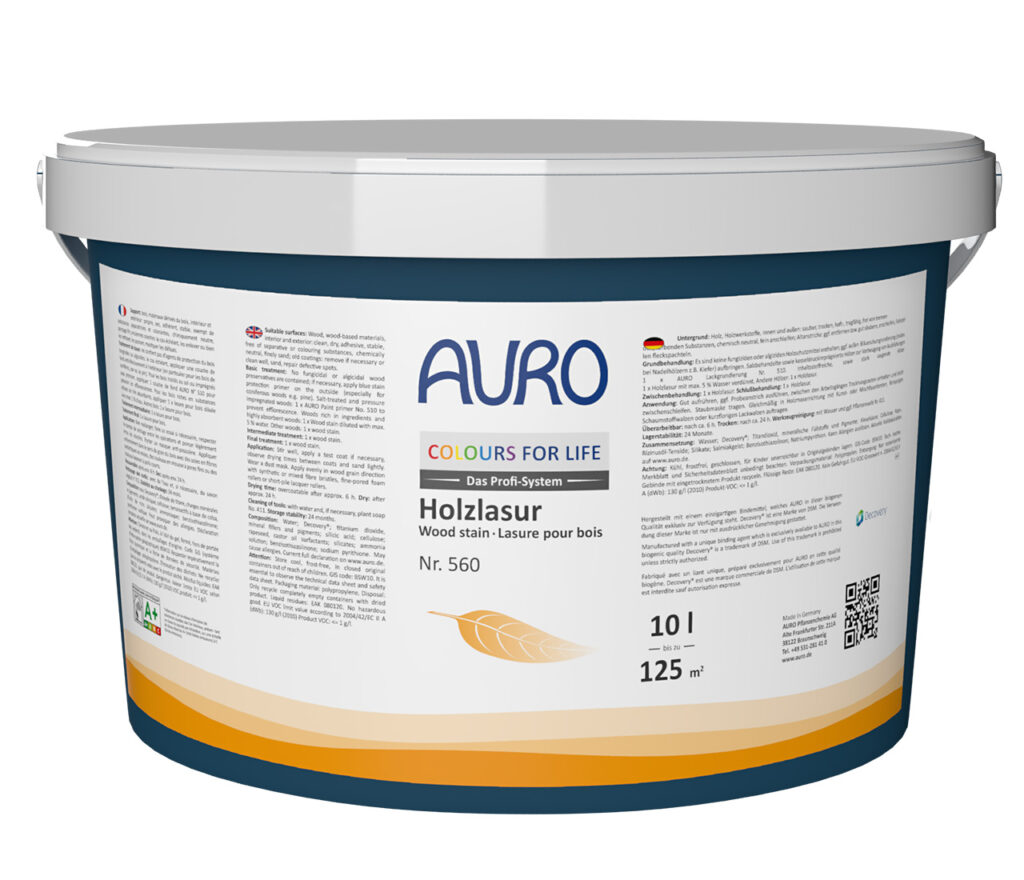 10 Liter AURO COLOURS FOR LIFE Holzlasur in einem stabilen Kunststoffbehälter mit weißem Deckel, mit mehrsprachigem Etikett und LIFE-inspirierter Blattgrafik – natürliches Holzfinish für lebendigen, umweltfreundlichen Schutz.