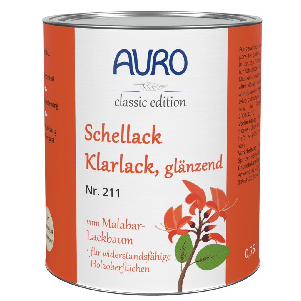 AURO Pflanzenchemie Schellack-Klarlack, glänzend: 0,75L klarer, glänzender Schellack-Holzlack in der Dose mit deutschem Text und orangerotem Blumenmotiv – natürlicher Schutz für Holzoberflächen im Innenbereich.