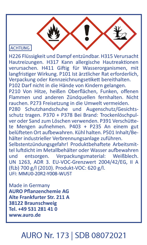 Deutsches Chemikaliensicherheitsetikett mit Warnsymbolen für Entzündlichkeit, Gesundheitsgefahr und Umweltgefährdung. Enthält Sicherheitshinweise, Gefahrenhinweise, Herstellerinformationen und Notfallkontaktdaten.