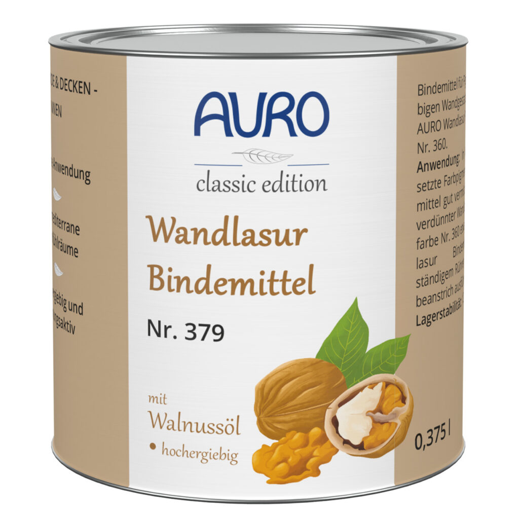 AURO Wandlasur-Bindemittel (0,375 l) mit natürlichem Walnussöl – ideal zum Anrühren von Lasuren oder Wachsen und verleiht Wänden einen klassischen, umweltfreundlichen Touch. Klassische Ausführung im Walnuss-Design, deutsches Etikett.
