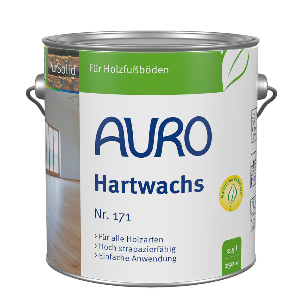 AURO Pflanzenchemie Hartwachs (2,5 l) ist ein natürliches Holzbodenwachs in einer Metalldose mit Henkel. Das grün-weiße Etikett zeigt ein Holzbodenmotiv und betont so umweltfreundlichen Schutz und Glanz.