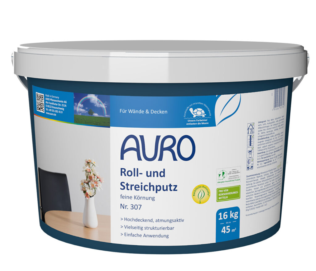 AURO Roll- und Streichputz, feine Körnung: Natürlicher Wand- und Deckenputz für glatte oder strukturierte Oberflächen. 16-kg-Eimer reicht für bis zu 45 m². Geeignet für Wandputze im Innenbereich, einfache Verarbeitung mit Rolle oder Pinsel.
